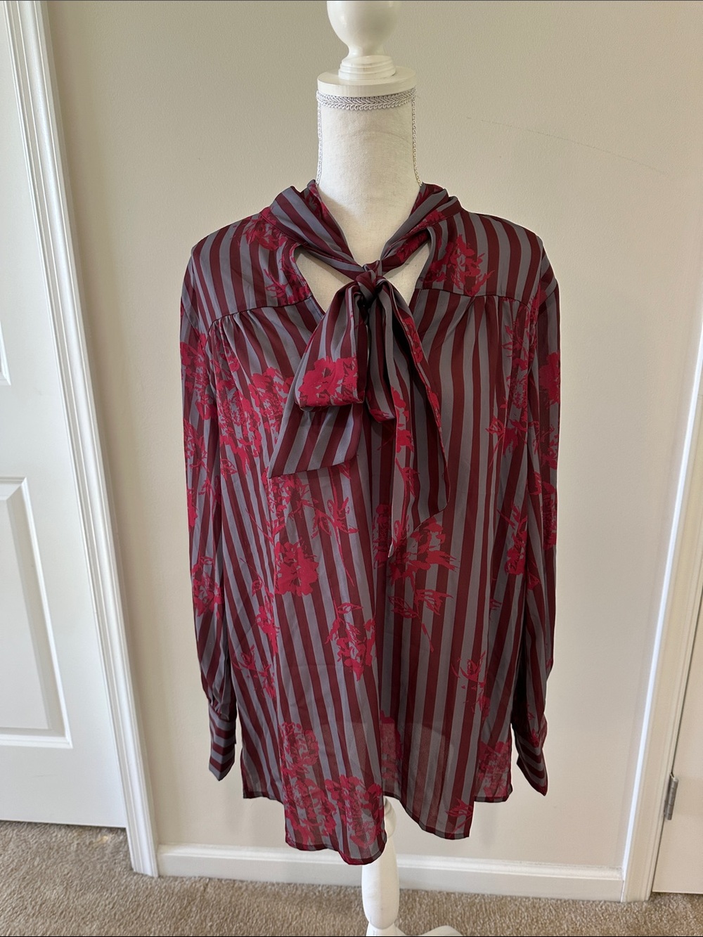 Suzanne Betro Burgundy and Gray Striped Tie-Neck Blouse